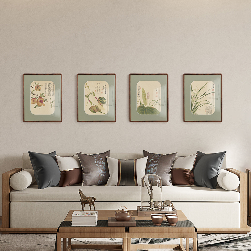 项圣谟新中式花卉装饰画实木框日式卧室客厅国画书房茶室三联挂画图片