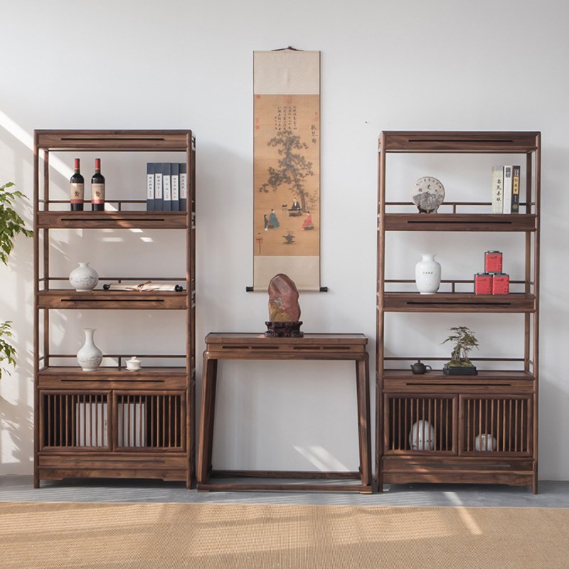 新中式茶桌边柜置物架玄关v架书架展架博古架老榆木置物架茶台边