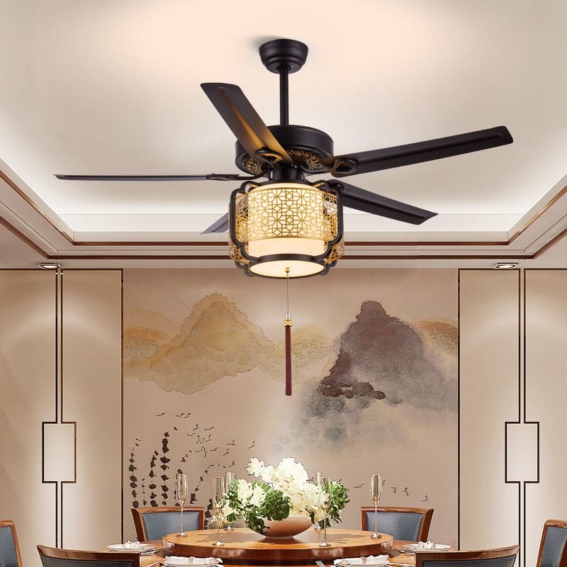 新中式吊扇灯电扇风扇吊v灯客厅家用卧室饭厅灯复古餐厅中国风