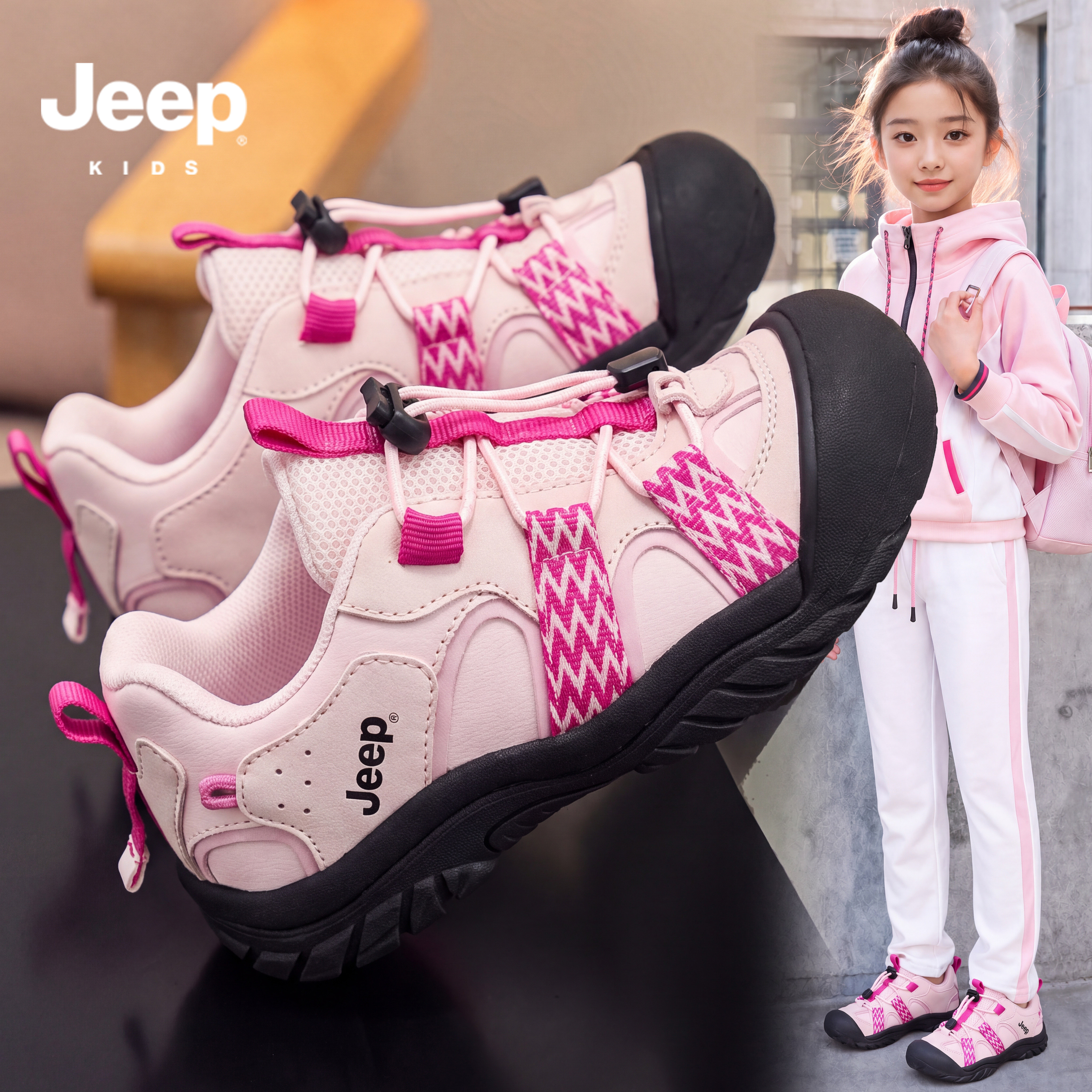 jeep粉色女童鞋秋季高颜值百搭厚底儿童老爹鞋防滑跑步女孩运动鞋