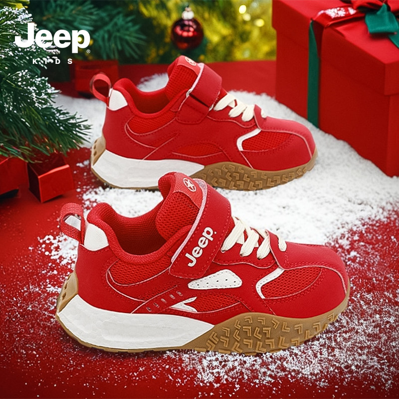 jeep红色女童鞋子冬季软底防滑男童新年运动阿甘鞋儿童跑步休闲鞋