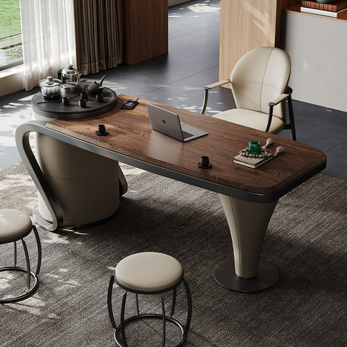 意式北美黑胡桃木家用阳台茶桌椅组合新中式轻奢实木书桌茶台一体