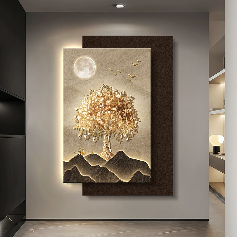高级感入户玄关装饰画发财树客厅过道走廊壁灯画叠加创意立体挂画图片