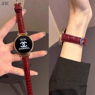 正钦竹节纹真皮适用华为watch5表带新款 酒红GT6高级女gt5pro手表