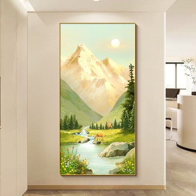 日照金山入户正对门挂画简约大气山水风景壁画流水生财玄关装饰画