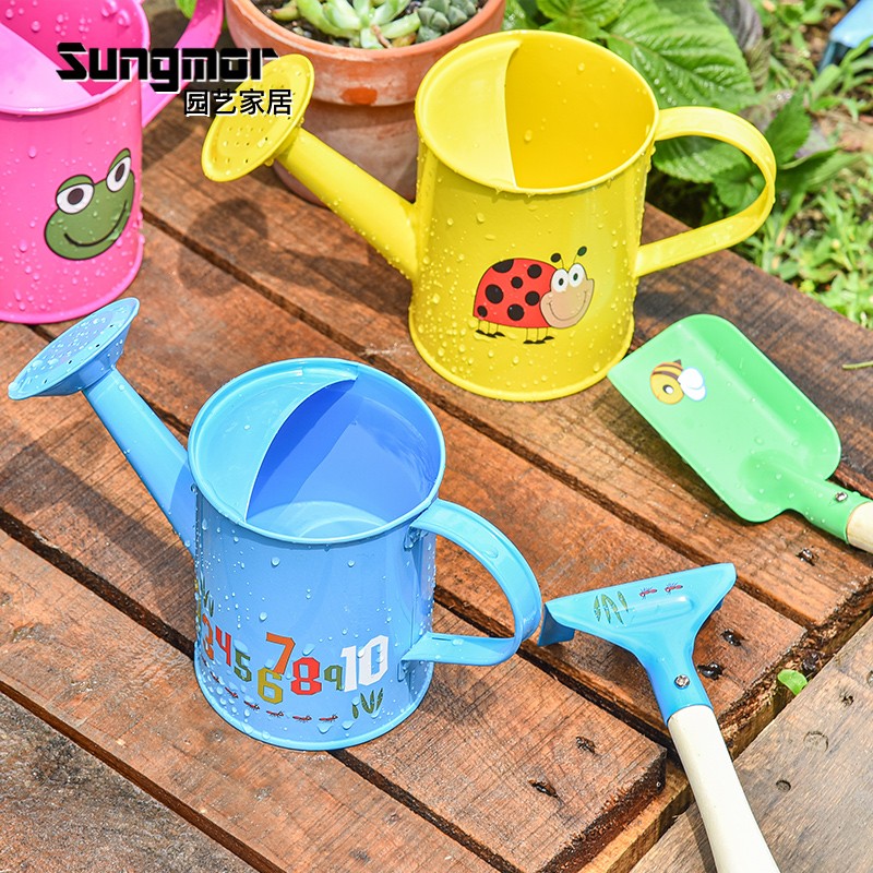 Sungmor儿童沙滩玩具水壶铲子耙子组套 可爱迷你花园浇水园艺工具