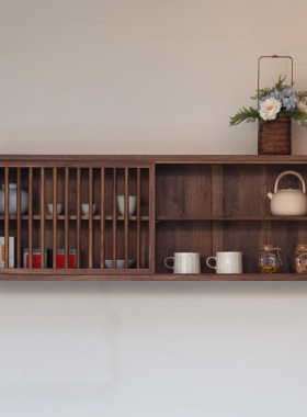 新中式挂墙置物柜黑胡桃木挂架禅意简约茶家具壁柜老榆木榫卯吊柜