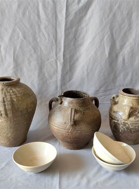 民俗老旧花瓶陶瓷摆件手工粗陶罐酒坛白碗影视道具摆件老物件