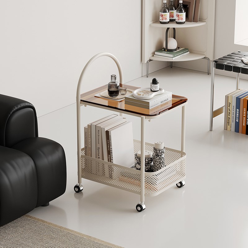 奶油风可移动小户型客厅沙发边几玻璃边桌小茶几卧室床头落地推车