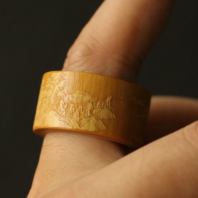 精品纯手工留青雕刻山水风光图老玉竹文玩竹戒指竹雕指环竹扳指