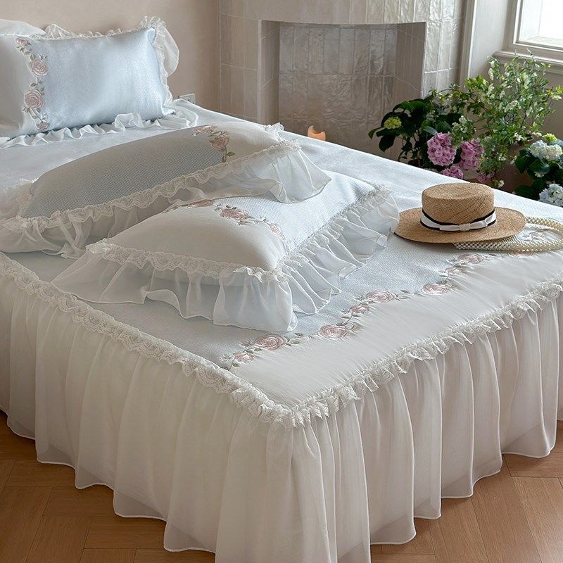 夏季床裙款凉感冰丝凉席三件套公主风可机洗蕾丝刺绣空调席软席子