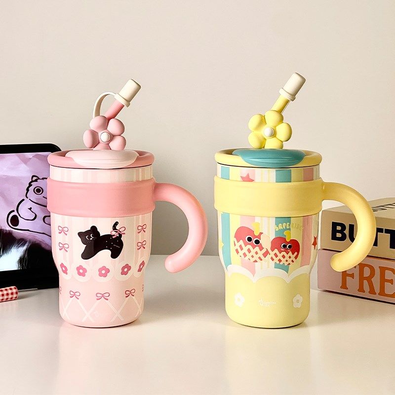 吸管保温杯办公室带把手大容量猫咪杯子女高颜值可爱粉色桌面水杯