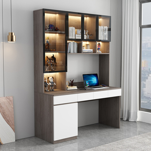 双人书桌学生家用电脑桌卧室台式轻奢书架一体写字桌实木学习桌子