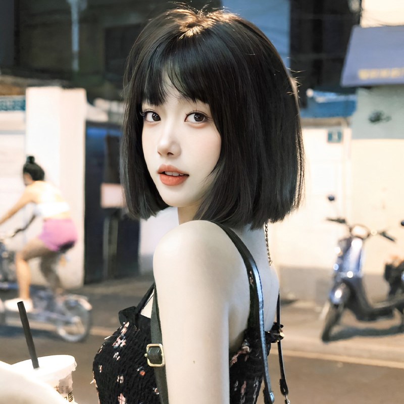 假发女短发网红漫画刘海一刀切自然短直发全头套式波波头全头套式