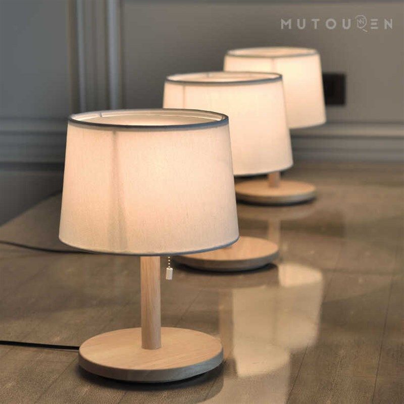 原木高质感台灯拉线开关布罩书桌卧室民宿酒店复古北欧护眼床头灯