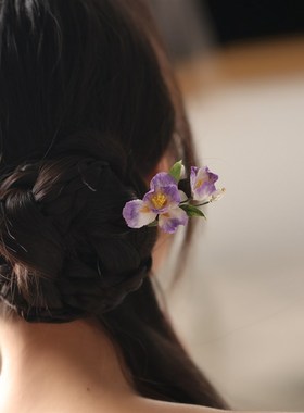 紫色鸢尾花木簪手工非遗绒花高级感中式旗袍汉服仙美配饰女送礼物