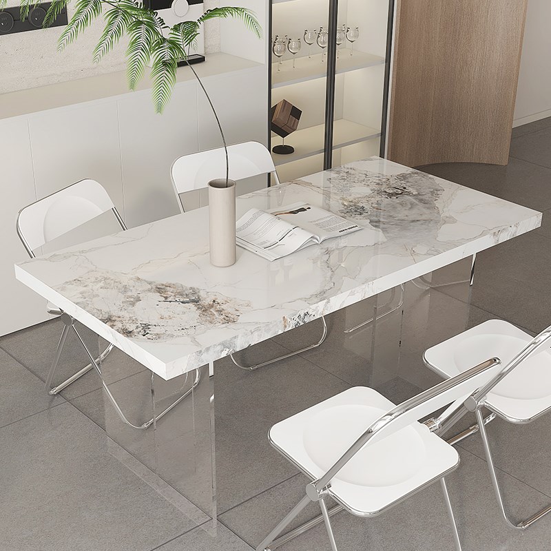 亚克力悬浮餐桌石头纹岩板岛台下挂家用小户型现代简约奶油风桌子
