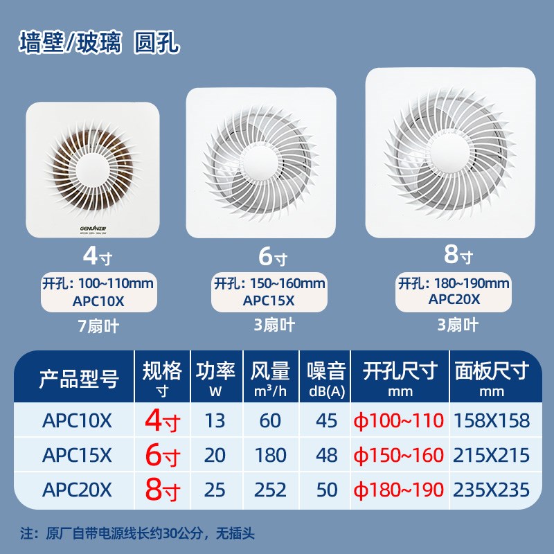 正野排气扇强力家用橱窗式换气扇低噪换风扇厨房浴室玻璃墙壁抽风