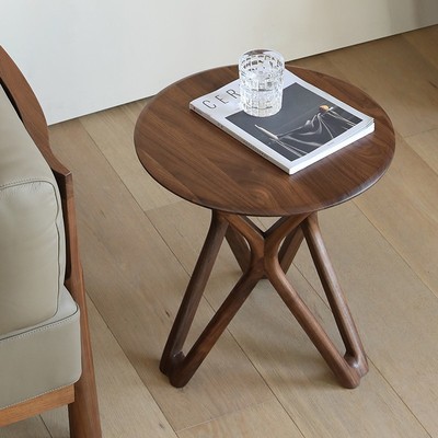 北美黑胡桃木角几北欧实木沙发边几客厅轻奢小茶几圆形边桌木圆几