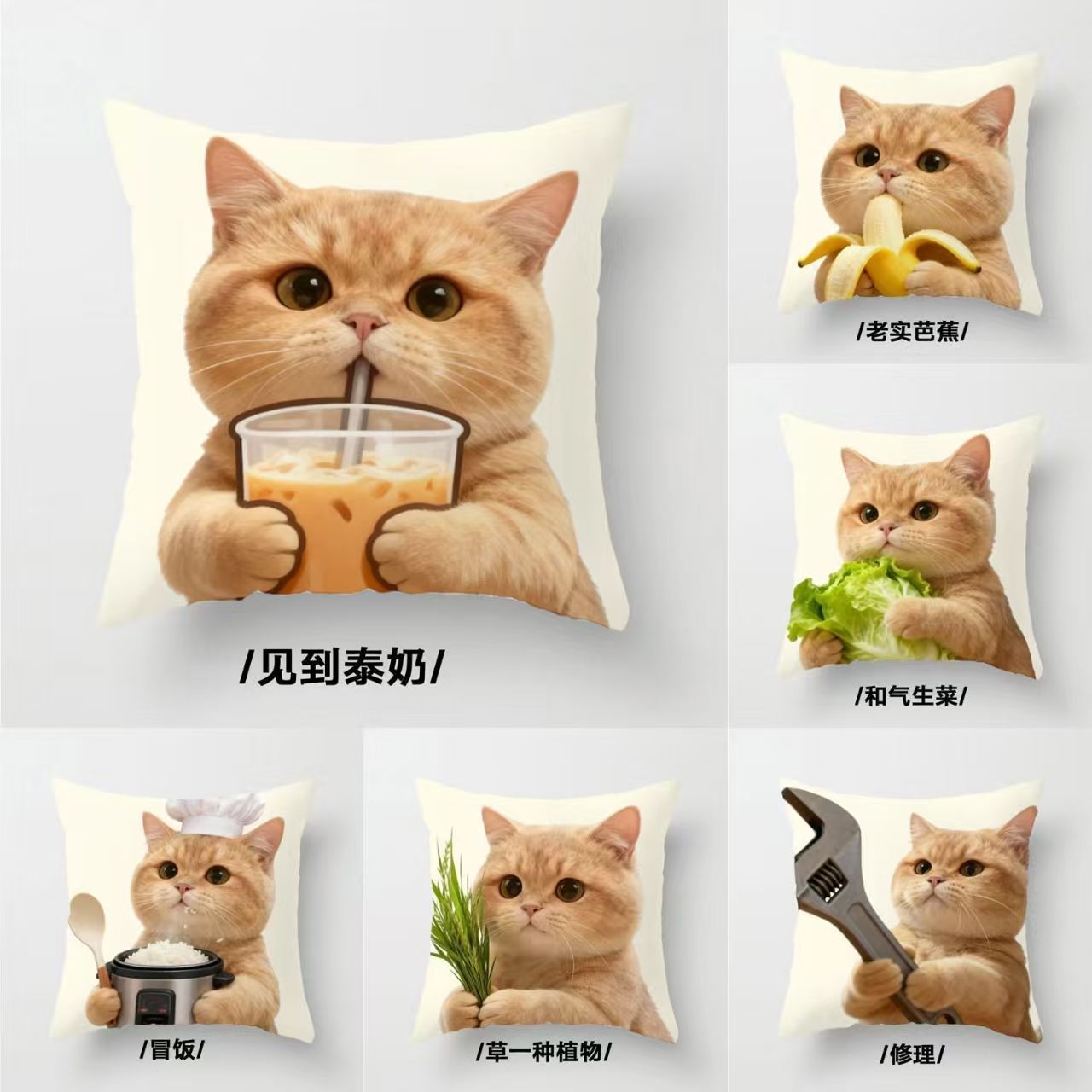可爱卡通猫咪抱枕创意搞怪方形客厅沙发靠垫办公家居可拆洗靠背