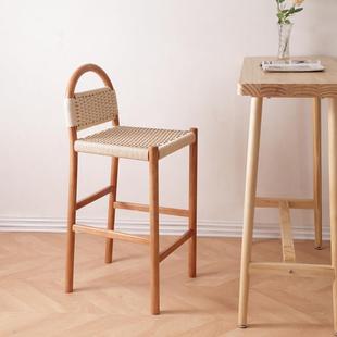 实木吧台椅家用饭厅岛台椅侘寂风酒吧民宿高脚靠背椅前台接待椅子