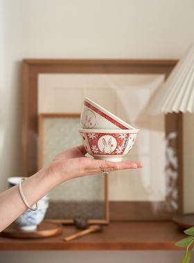 日式兔子碗餐具套装碗具礼盒兔年红色碗家用陶瓷碗可爱米饭碗