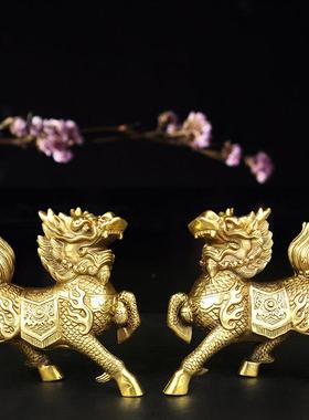 纯黄铜麒麟摆件大号一对火麒麟送子中式家居客厅卧室镇家宅工艺礼