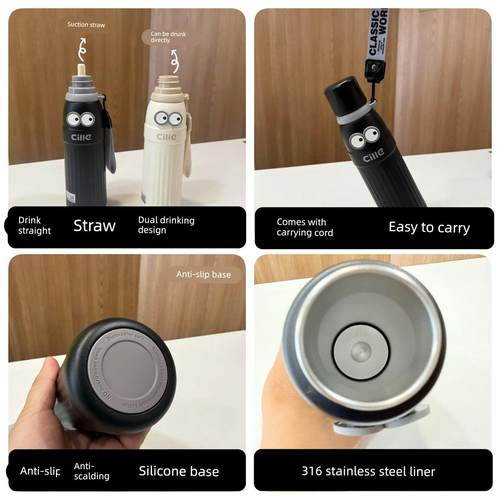 希乐年保温学生男女不锈钢内胆车载运动水杯吸管加厚提绳杯