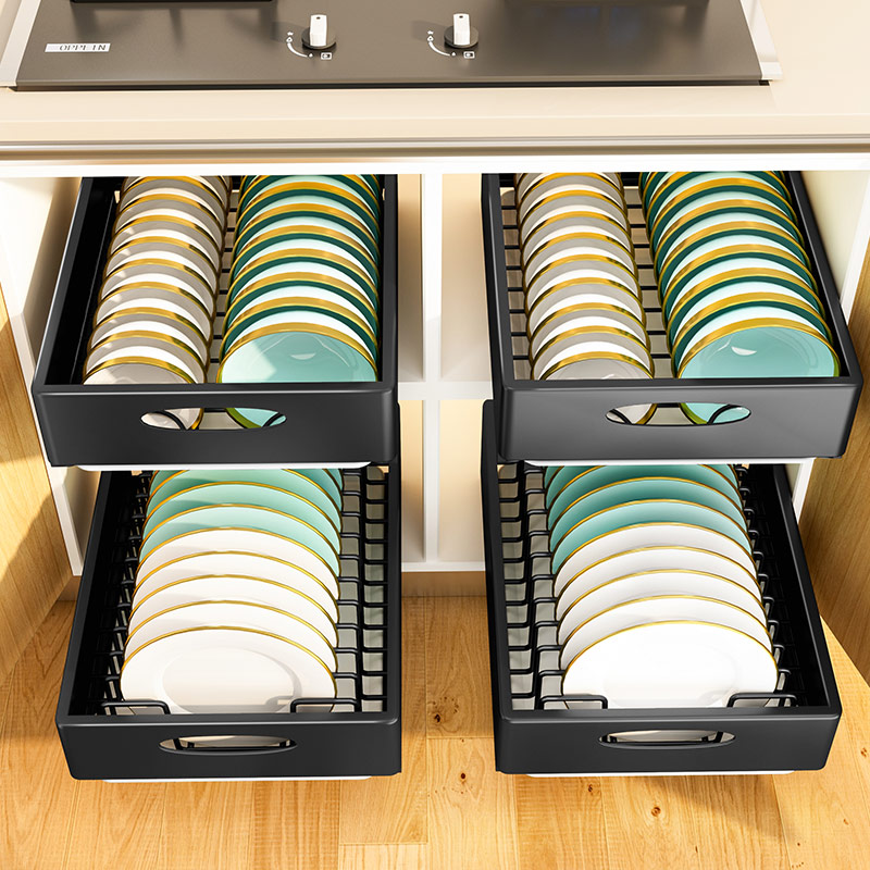 不锈钢抽拉碗碟架橱柜内置收纳碗盘置物架厨房免安装W沥水放碗拉