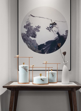 新中式蜻蜓陶瓷摆件酒店展示柜办B公室书房客厅玄关书柜陶罐装饰