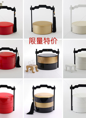新中式样板房酒店轻奢创意装饰摆件多层实木漆器圆提篮食盒糖果盒