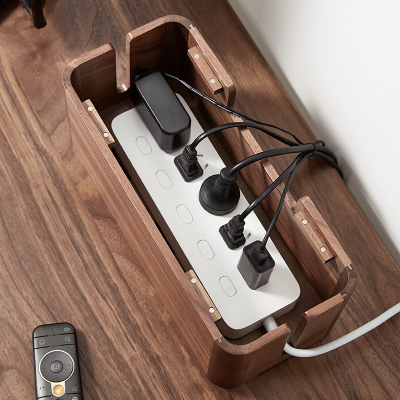黑胡桃木集线盒实木排插收纳盒插座遮G挡整理盒桌面线路电线理线