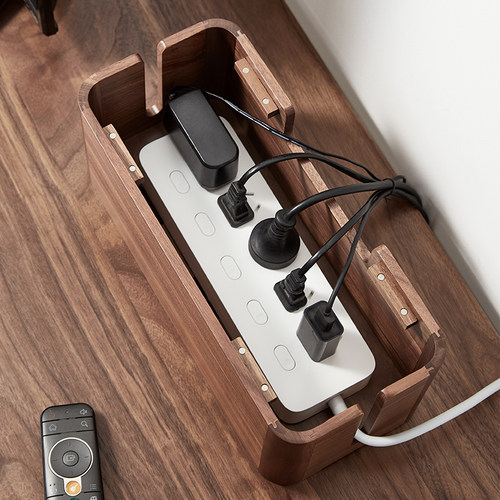 黑胡桃木集线盒实木排插收纳盒插座遮G挡整理盒桌面线路电线理线