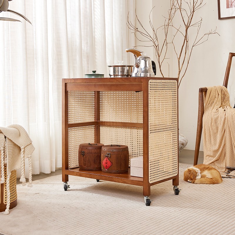 日式茶室家具藤编茶水柜茶几柜可移E动烧水壶一体小茶台泡茶桌边