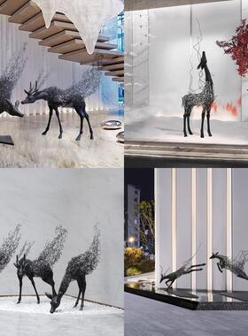 铁艺抽象钢丝镂空鹿雕塑酒店大堂售楼部草坪装饰品梅花鹿艺术摆件