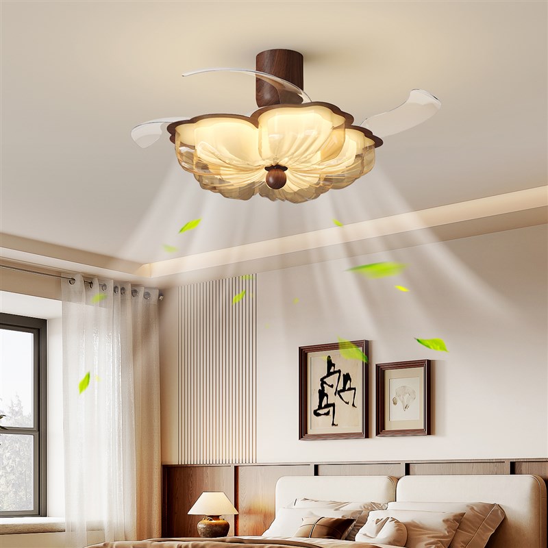 中古风扇灯新中式花朵卧室灯法式覆古吸顶电风扇Q一体灯饭厅吊扇
