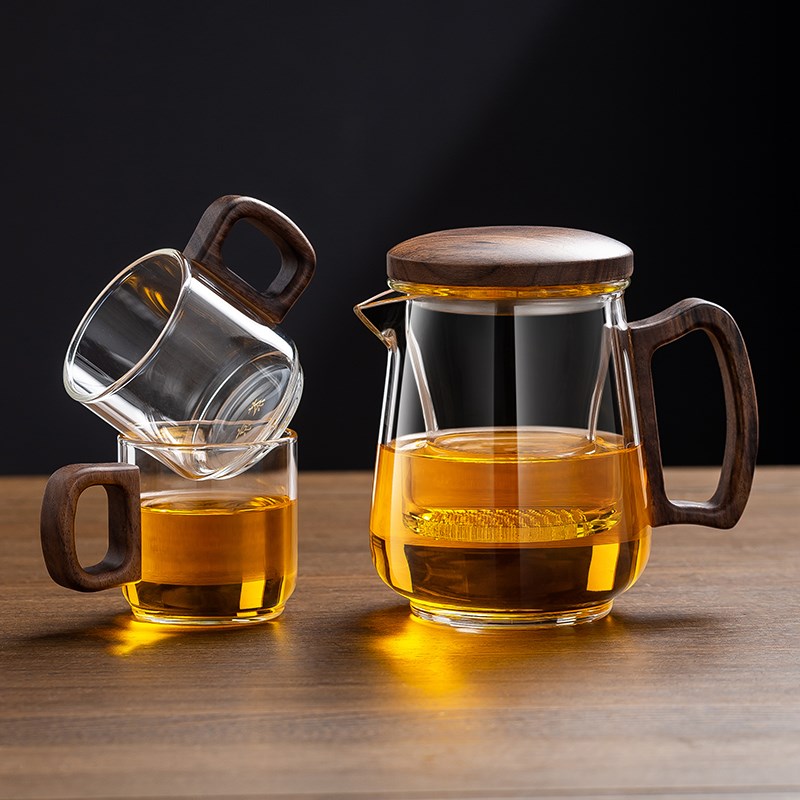 胡桃木侧把玻璃泡茶杯茶水分离过滤冲茶器功夫茶具X泡茶壶三件杯