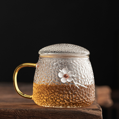 馨玉坊锤纹玻璃杯带盖家用茶水分离水杯带把泡茶办公室.花茶杯子