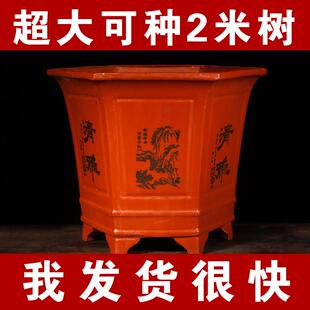 宜兴紫砂六角花盆特大号发财树专用花盆悬崖花盆阳台种菜盆陶瓷大