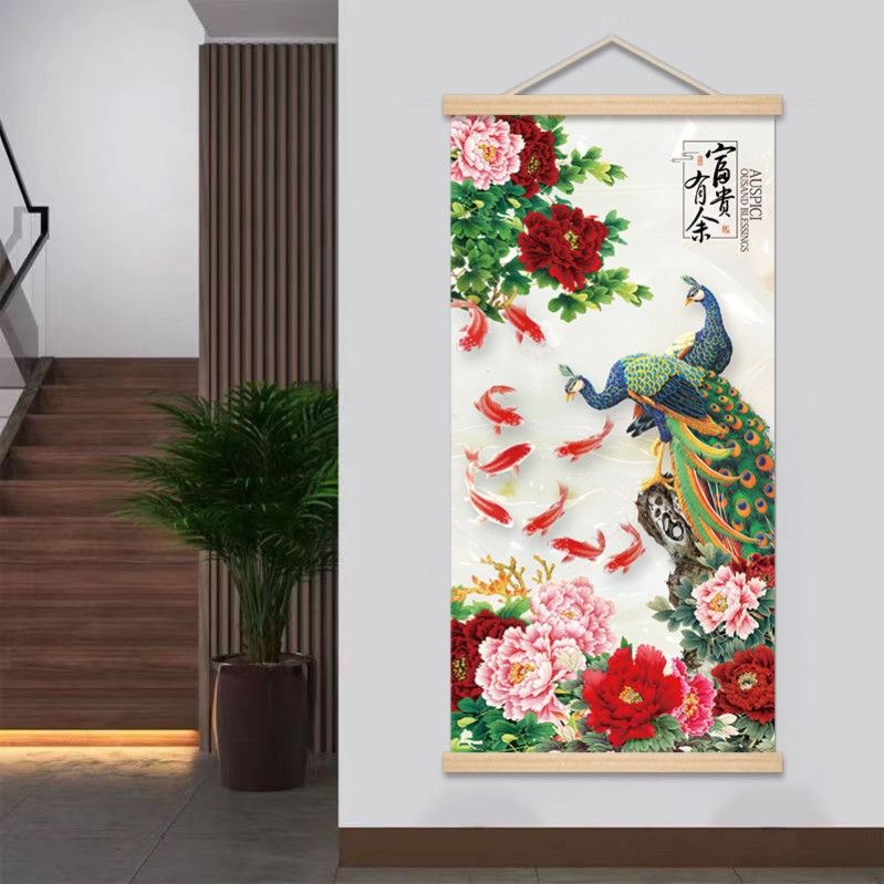 玄关装饰画客厅背景墙壁画孔雀实木卷轴画书房楼梯过道油画布挂画图片