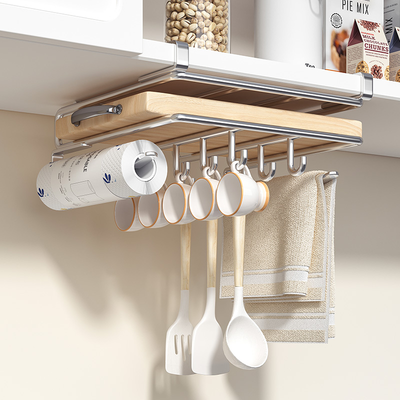免打孔多功能厨房置物p架橱柜纸巾下挂架不锈钢锅盖架砧板收纳架