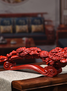 红色木雕刻灵芝如意摆件红木工艺品家居客厅玄关装饰开业乔迁礼品