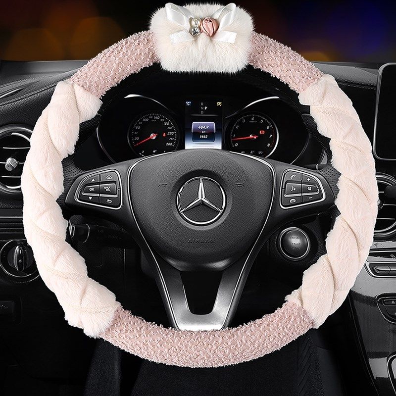 款蝴蝶结冬天汽车方向盘套毛绒女防滑方向盘装饰冬季车载通用