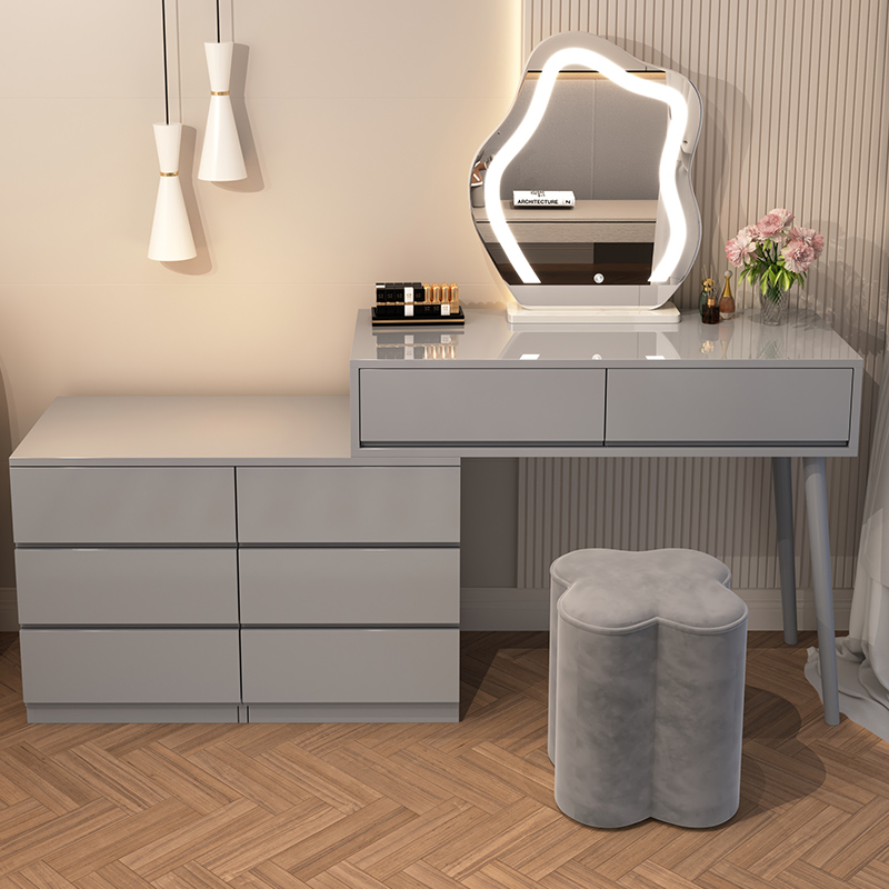 轻奢奶油风梳妆台卧室现代简约极简组装伸缩收纳柜U一体桌电视边