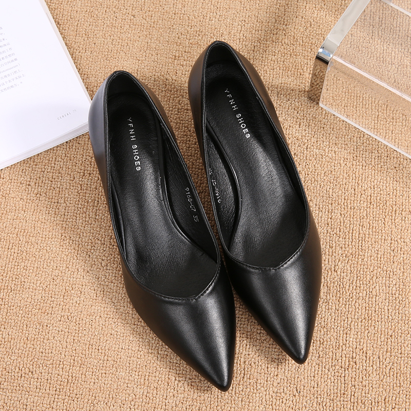 空乘尖头细跟高跟鞋女软皮中跟职业黑色工作鞋矮跟U正装礼仪单鞋