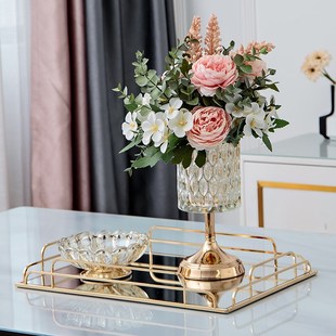 轻奢高脚加厚玻璃花瓶短枝干花仿真花插花花器餐桌客厅茶几装饰品