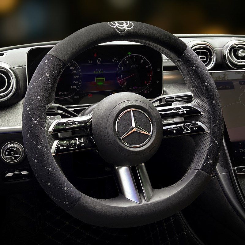 汽车方向盘套冬季短毛p绒山茶花女神款车把套冬天防滑保暖D型通用