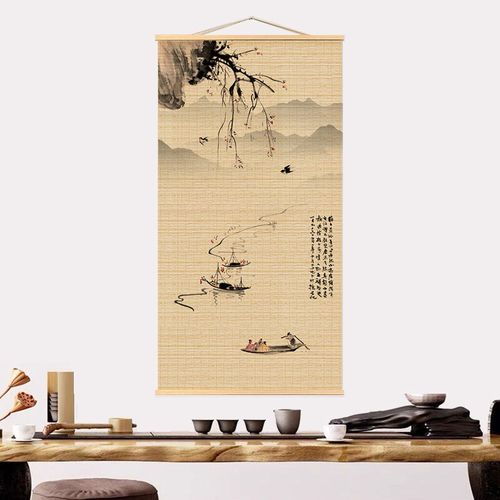 挂画竹帘茶席中式复古书法图中式挂帘书房装饰画茶室玄关水墨山水