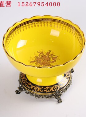 精品KTV桌面黄釉陶瓷摆台用品夜总会欧式摆件纸巾盒圆烟缸配金属