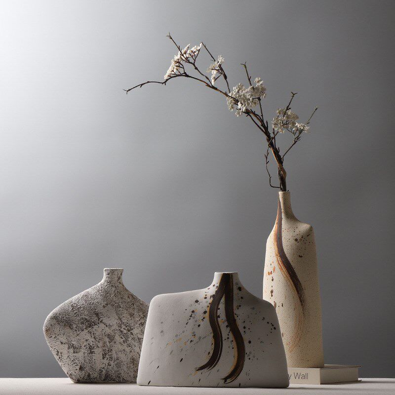 现代简约创意陶瓷扁瓶 手绘花瓶 样板房插花装饰品博古架摆件软装